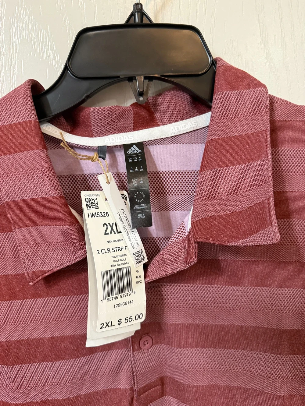 Adidas Men's Polo Size 2XL Maroon and pink striped pattern